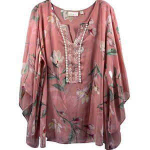 Belle Kim Gravel Womens Top Blouse Size Plus 1X Floral Lace Sheer Sleeves V Neck